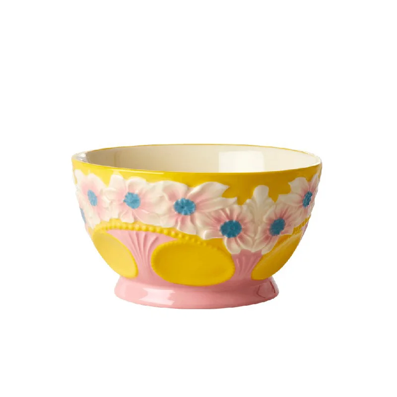 Minimalist white tableware sets-Rice DK Ceramic Bowl with Embossed Flower Design - Yellow - Small