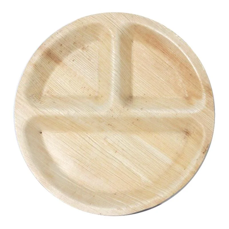 Rustic wooden salad bowls-10" Round Palm Leaf 3-Partition Eco Friendly Dinner Plates