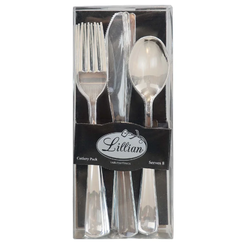 Compact camping dinnerware-Silver Plastic Cutlery Set, 24 Count