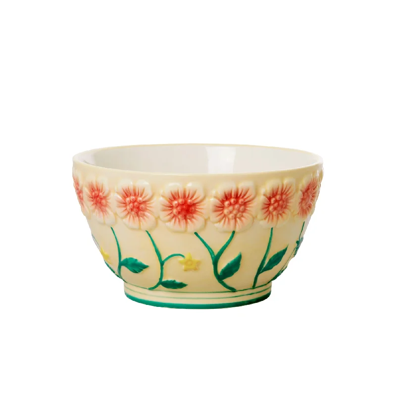 Handmade pottery dinner sets-Rice DK Ceramic Bowl with Embossed Flower Design - Creme - Small