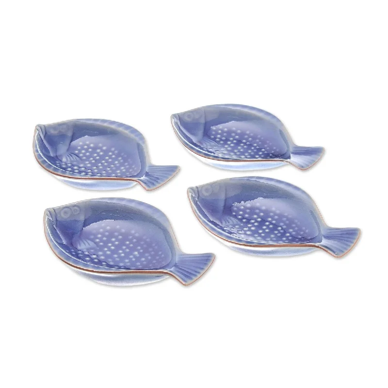 Rustic wooden dinner trays-Handmade Festive Fish Ceramic Appetizer Bowls, Set of 4 (Thailand) - 0.9" H x 4.9" W x 3.3" D