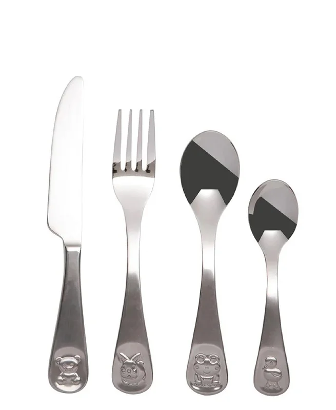 Eco-friendly bamboo utensil sets-Maxwell & Williams Childrens Frog & Friends Set of 4 - Silver