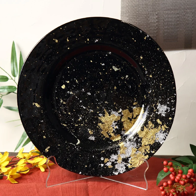 Cute kids’ plastic plates-Syosaku Japanese Urushi Glass Dinner Plate 12.5-inch (32cm) Jet Black with Gold Leaf, Dishwasher Safe