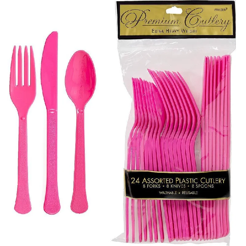 Cute kids’ plastic plates-Plastic Assorted Cutlery - Bright Pink 24/pkg.