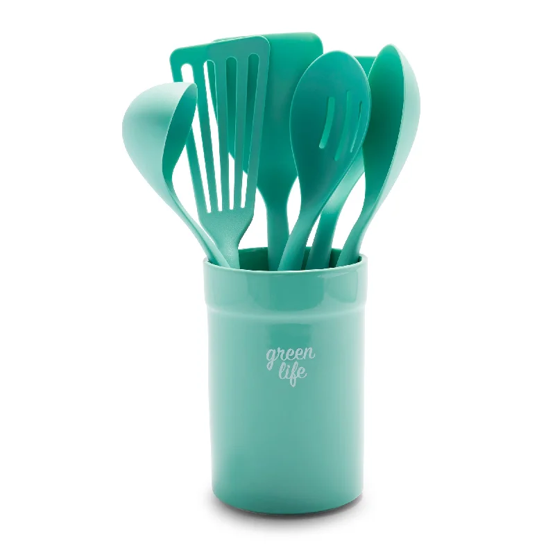 Shatterproof glass tumblers-GreenLife Nylon & Wood Cooking Utensils with Ceramic Crock, 7-Piece Set | Turquoise