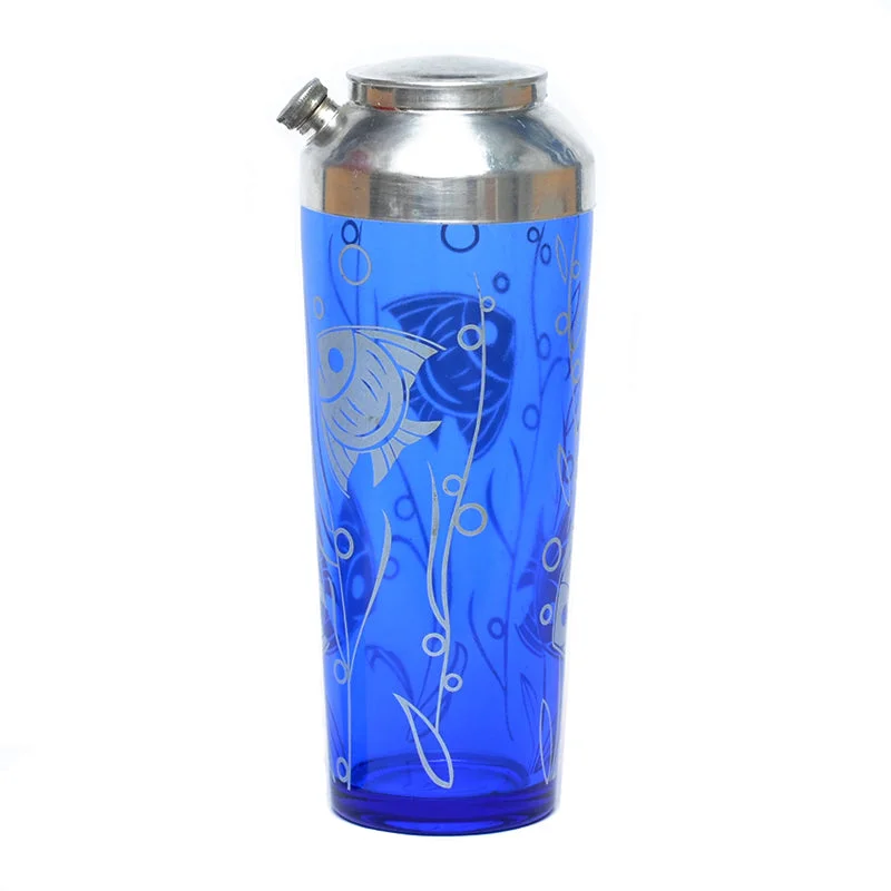 Luxury crystal water glasses-Hazel Atlas Cobalt Angel Fish Cocktail Shaker