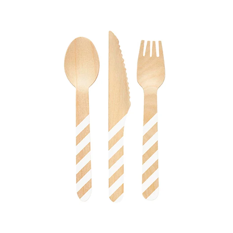 Luxury gold soup bowls-Wooden Cutlery Set, White Stripes, 12 Count