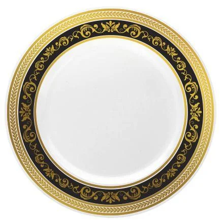 Vintage glass salad plates-Black and Gold Round Plastic Plates - Royal