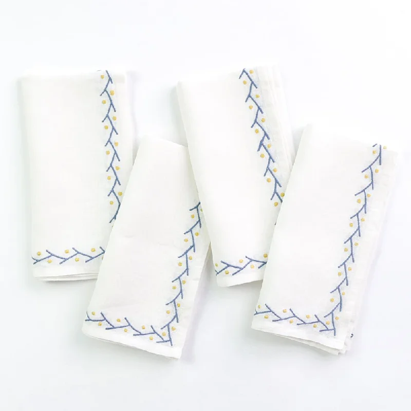 Heavy-duty plastic serving spoons-Twig & Dot Navy & Yellow Embroidered Linen Napkin | Set of 4