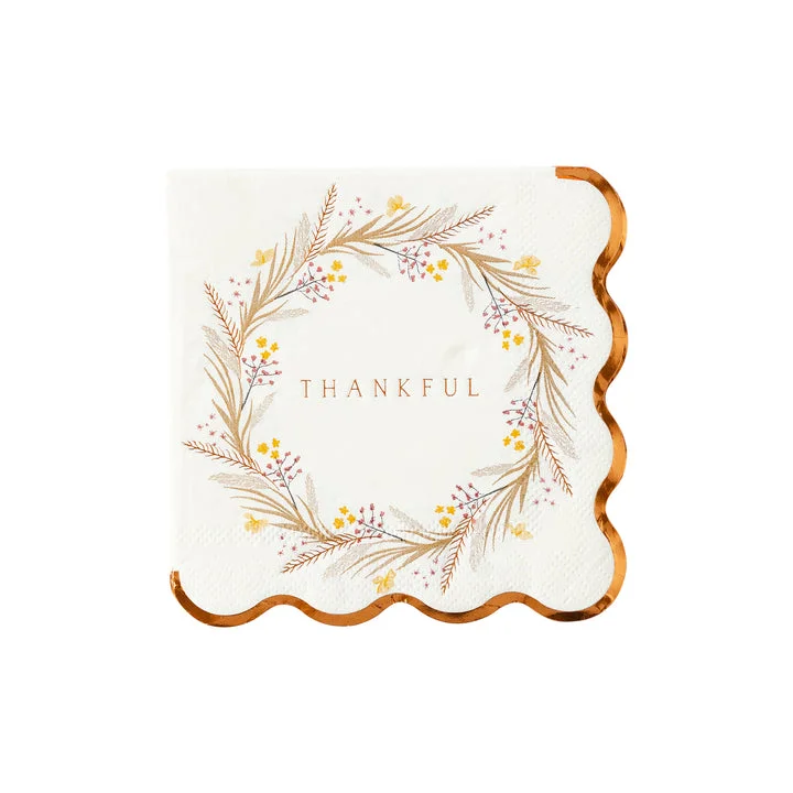 Hand-painted pottery dishes-Thanksgiving Thankful Wreath Beverage Napkin | 18 ct