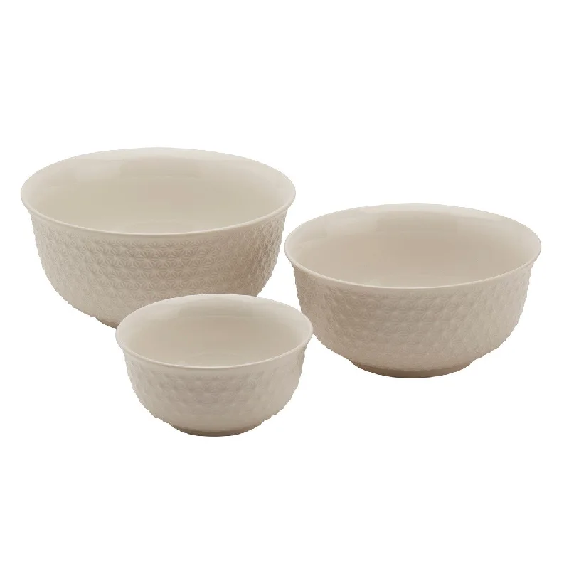 Sleek stainless steel trays-Tabletops Gallery 3 Piece Embossed White Bowl Set - 8", 7" & 5" - 8", 7", 5"