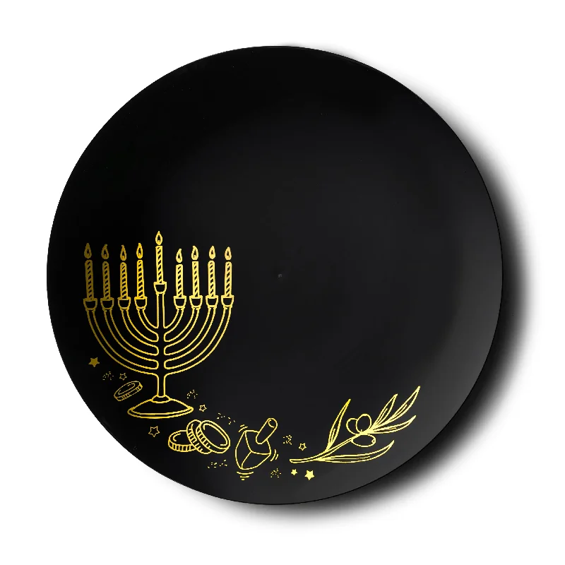 Elegant silver dessert spoons-Black and Gold Round Plastic Plates 10 Pack - Chanukah