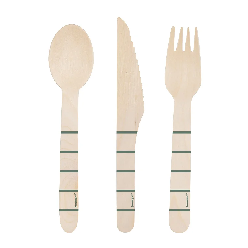 Novelty-shaped kids’ cutlery-Wooden Cutlery Set, Green Stripes, 12 Count