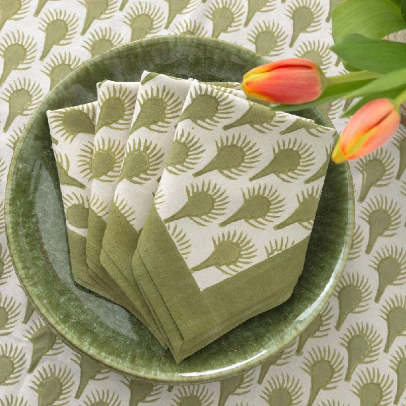 Vintage glass salad plates-Geo Feather Moss Napkin | Set of 4