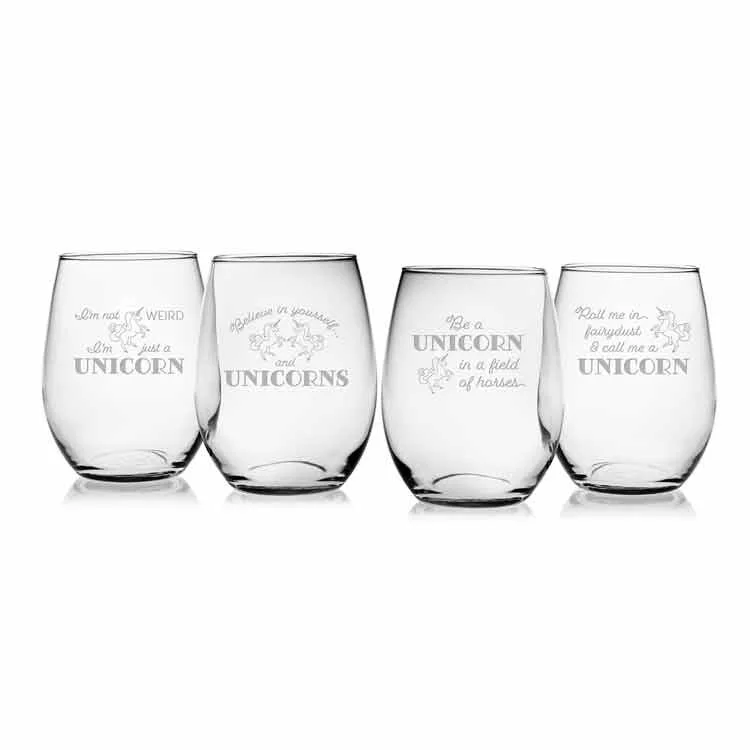 Large capacity water bottles-Unicorn Assorted 21 oz Stemless Red Wine Glasses Set of 4