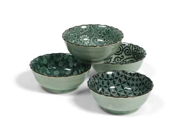 Handcrafted clay dessert plates-Antique Green Bowl Set