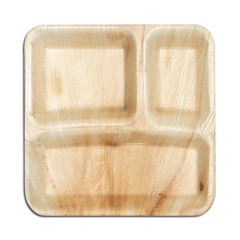 Outdoor bamboo serving sets-10" Square Palm Leaf 3-Partition Eco Friendly Disposable Dinner Plates