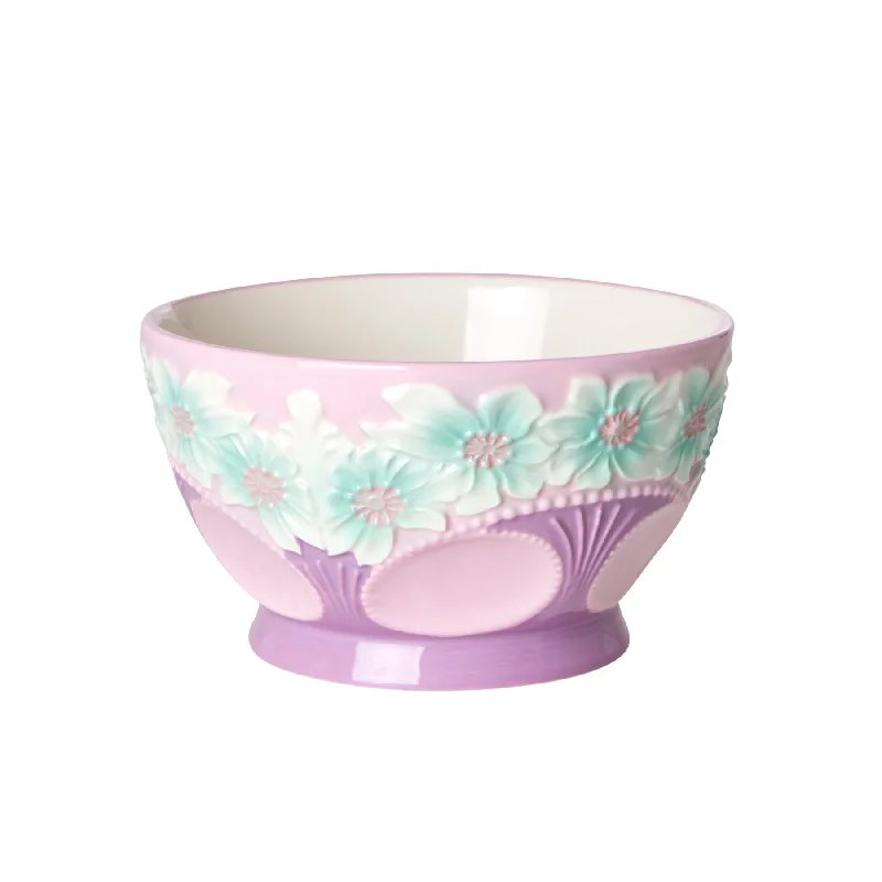 Microwave-safe ceramic bowls-Rice DK Ceramic Bowl with Embossed Flower Design