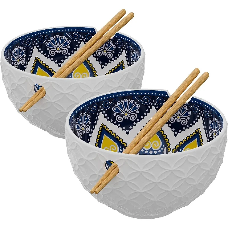 Floral ceramic soup bowls-American Atelier Ramen Bowl with Chopsticks Set of 2