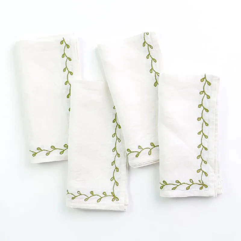 Eco-friendly bamboo utensil sets-Twig & Bud Moss Embroidered Linen Napkin | Set of 4