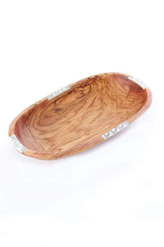 Luxury crystal water glasses-12" Wild Olive Wood Oval Bowl with Striped Bone Inlay