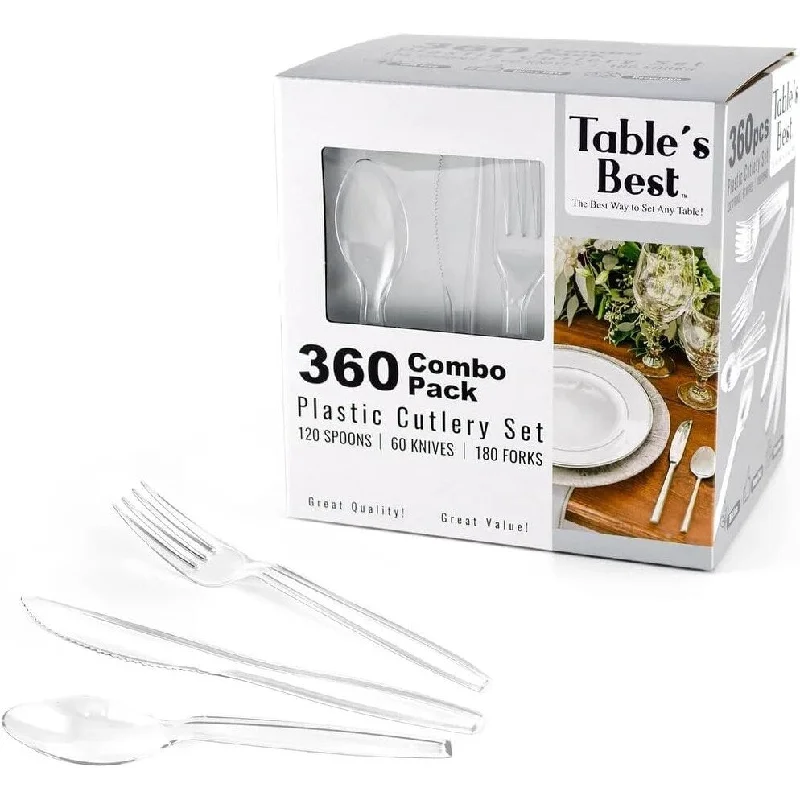 Dishwasher-safe glass bowls-J&V TEXTILES Disposable Cutlery set, Clear Color, 360 Pieces: 180 Forks, 120 Spoons, 60 Knives - One Size