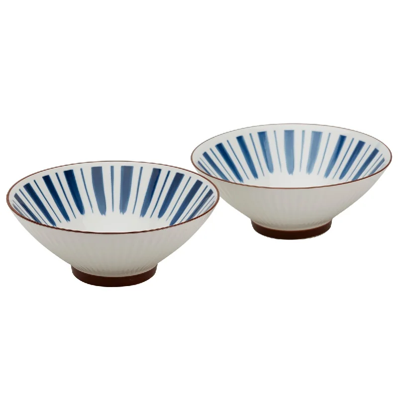 Vintage ceramic serving bowls-Tabletops Gallery 8" Blue Stripe Stoneware Ramen Noodle Bowls, Set of 2 - 8" x 3.125