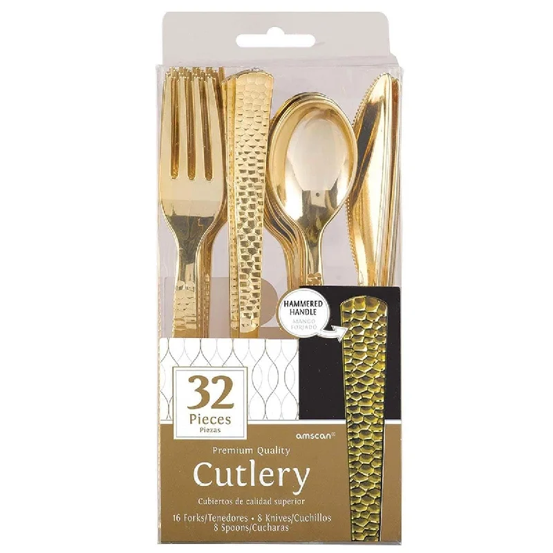 Elegant porcelain dinner plates-Assorted Hammered Cutlery 32 Per Package - Gold