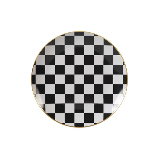 Modern glass dessert plates-Black and White Round Plastic Plates - Checkerboard