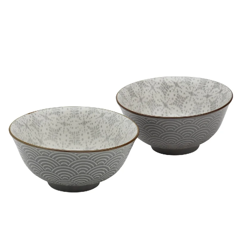 Modern ceramic serving spoons-Tabletops Gallery 6" Gray Wave Embossed Stoneware Ramen Noodle Bowls, Set of 2 - 6.125"