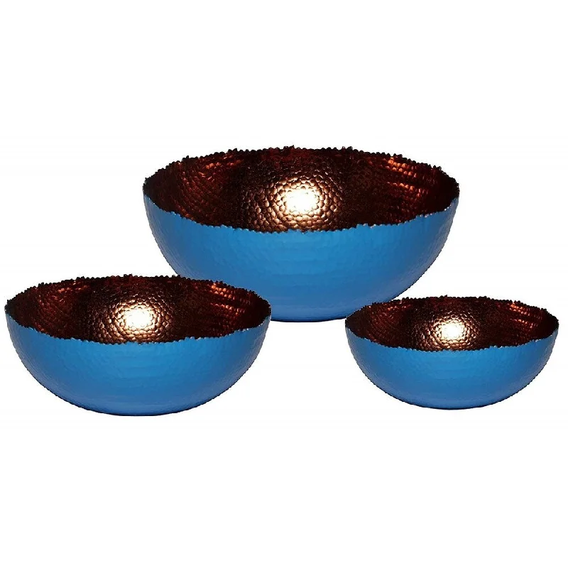 Frosted glass serving dishes-Melange Home Decor Cuivre Collection, Set of 3 Bowls - 6", 9" and 12", Color - Blue