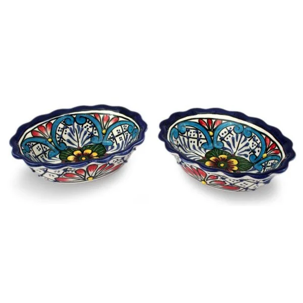 Luxury gold-rimmed dinnerware-Handmade Set of 2 Ceramic 'Daisy Stars' Talavera Bowls (Mexico)