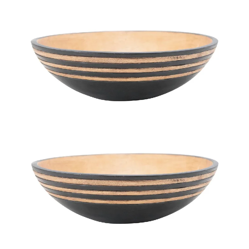 Cute animal-themed kids’ cutlery-Mango Wood Grooved Bowl, Black & Natural, Set of 2