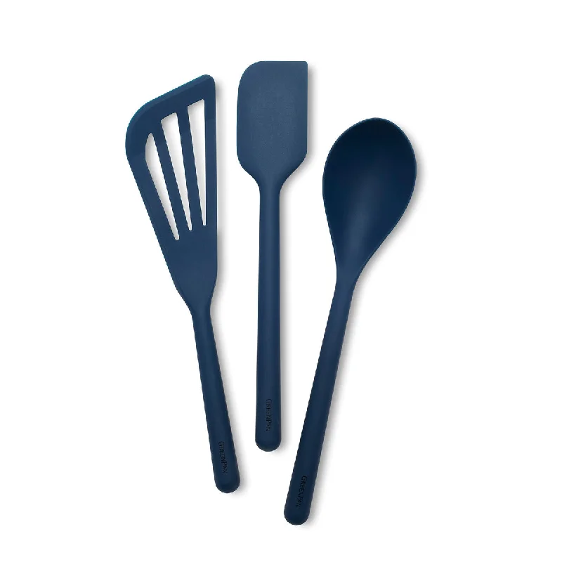 Minimalist stainless dinner sets-Platinum Silicone Tools 3-Piece Utensil Set | Navy