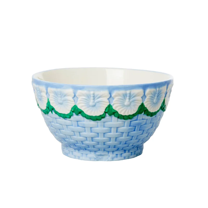 Frosted glass serving dishes-Rice DK Ceramic Bowl with Embossed Flower Design - Blue