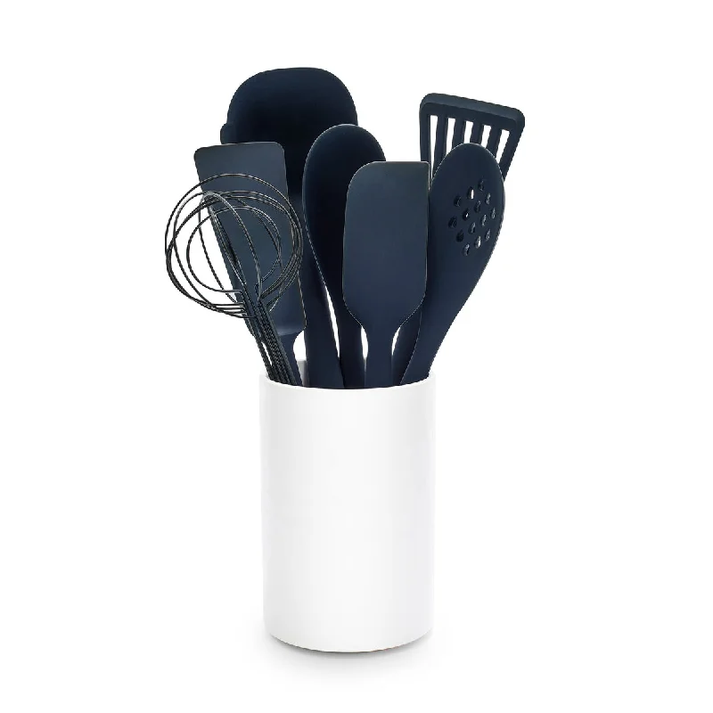 Minimalist bamboo dinner plates-Premiere Silicone 8-Piece Utensil and Crock Set | Oxford Blue