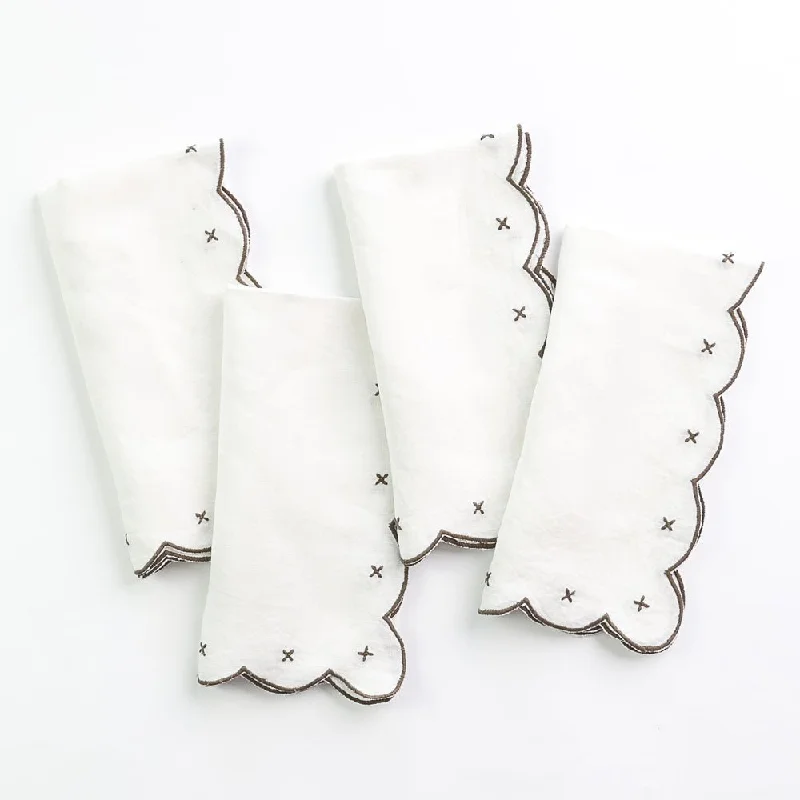 Durable stainless steel cutlery-Scalloped Knot Brown Embroidered Linen Napkin | Set of 4