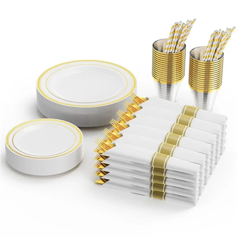 Hand-painted pottery dishes-240 Pieces Silver Pre Rolled Napkins Disposable Dinnerware Set