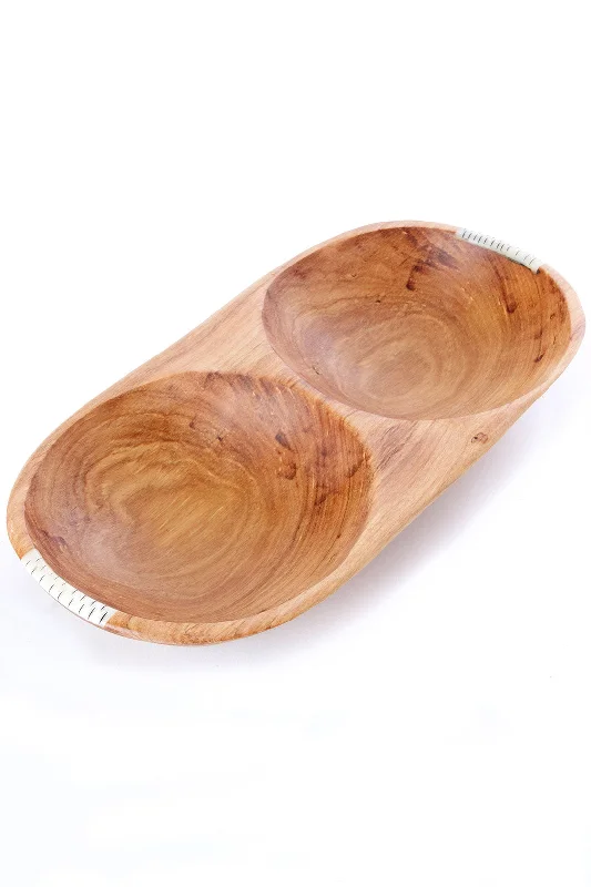 Stackable ceramic dessert bowls-Wild Olive Wood Double Serving Bowl with Bone Inlay