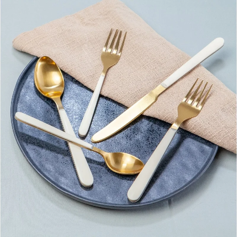 Rustic clay baking dishes-5pc Flatware Place Setting Gold w/ White Resin Handles in Giftbox - Gold & White