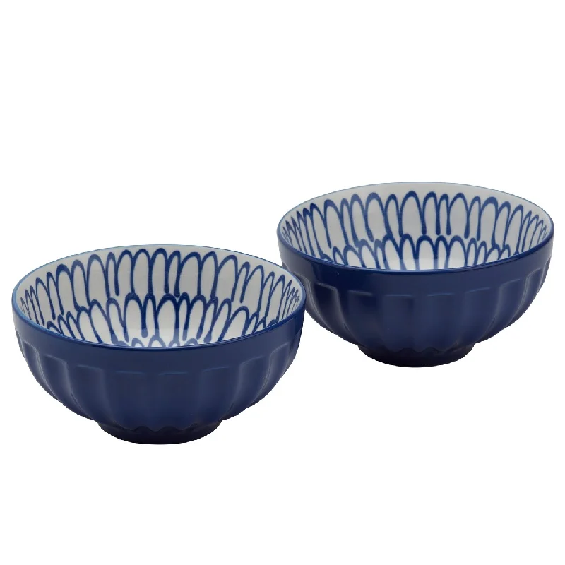 Hand-painted pottery dishes-Tabletops Gallery 6.5" Cobalt Cafe Fluted Stoneware Ramen Noodle Bowls, Set of 2