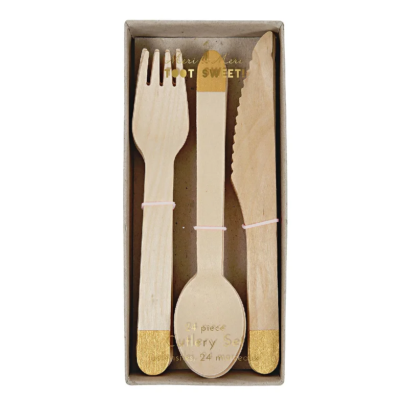 Luxury crystal champagne flutes-Gold Wooden Cutlery Set, 24 Count