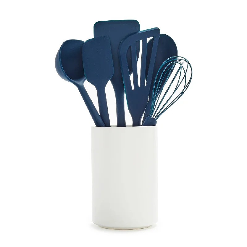 Festive Christmas tableware-Platinum Silicone 7-Piece Utensil and Crock Set | Navy