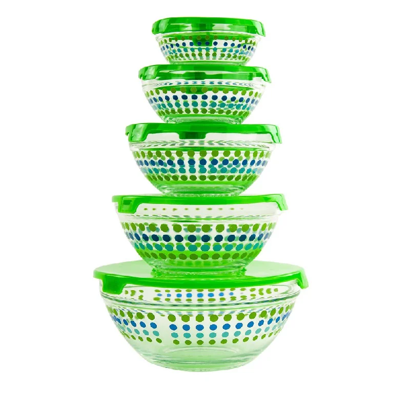 Bold red ceramic plates-10-piece Dotted Glass Lunch Bowls Healthy Food Storage Containers Set with Green Lids