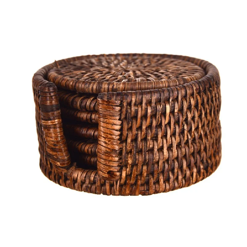 Dishwasher-safe melamine trays-Rattan Coaster Set/6 Dark Brown