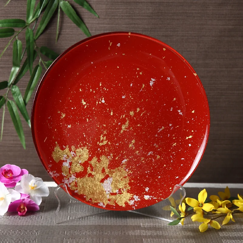 Dishwasher-safe glass bowls-Syosaku Japanese Urushi Glass Flat Dinner Plate 11-inch (28cm) Vermilion with Gold Leaf, Dishwasher Safe