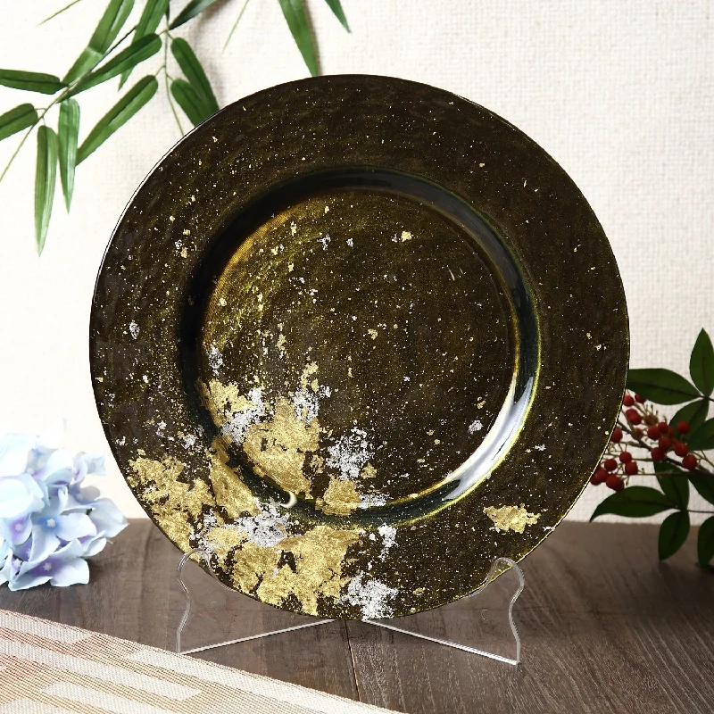 Sleek black dinner plates-Syosaku Japanese Urushi Glass Dinner Plate 12.5-inch (32cm) Majestic Green with Gold Leaf, Dishwasher Safe