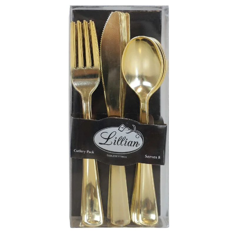 Sleek stainless steel trays-Gold Plastic Cutlery Set, 24 Count