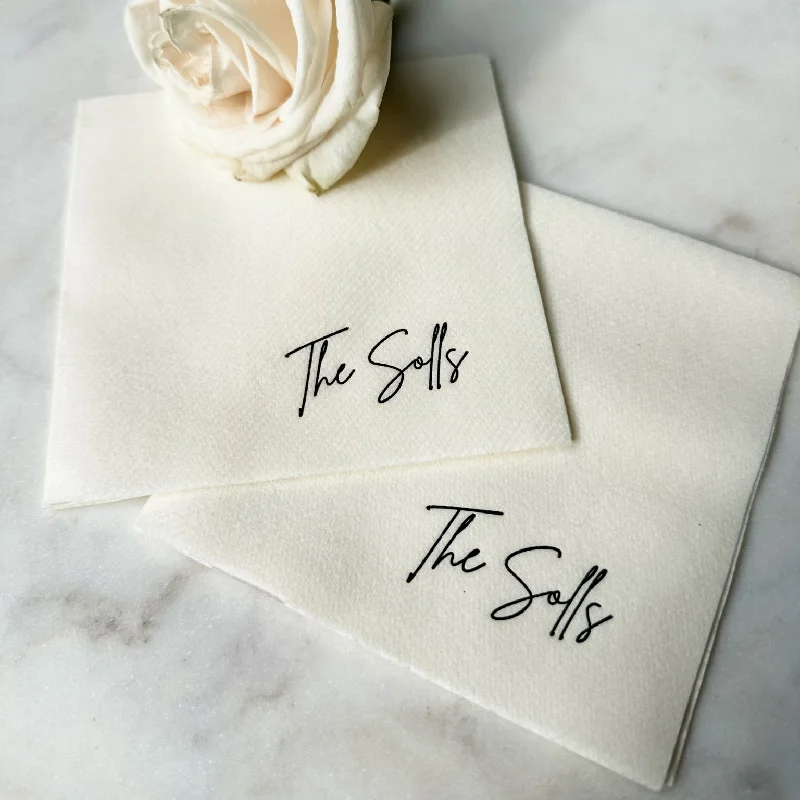 Shatter-resistant plastic plates-Custom Elegant Script Last Name Linen Like Beverage Napkins