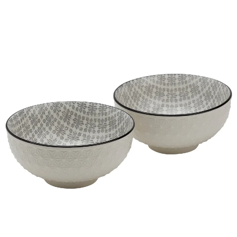 Stackable ceramic dessert bowls-Tabletops Gallery 6.5" White Embossed Diamond & Gray Pattern Stoneware Ramen Noodle Bowls, Set of 2